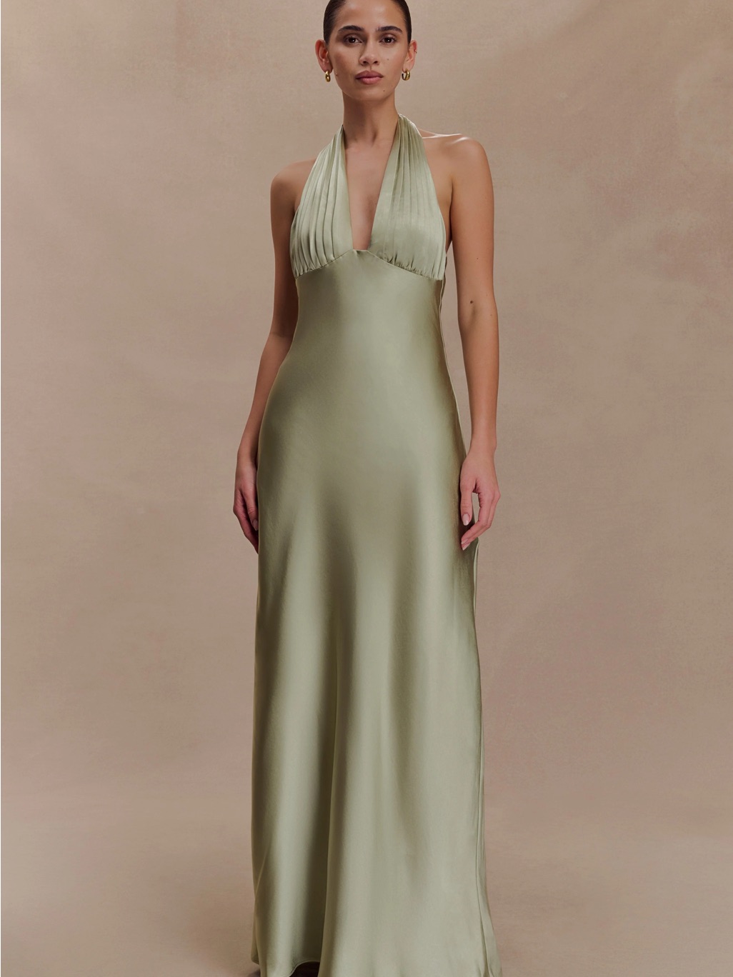 Meshki Olive Satin Halter Backless Gown